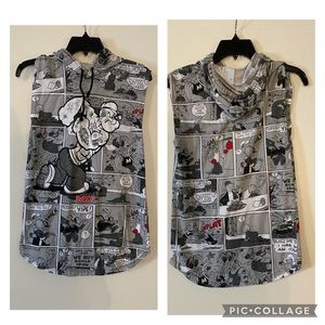 Popeye sleeveless hoodie is a size Small.